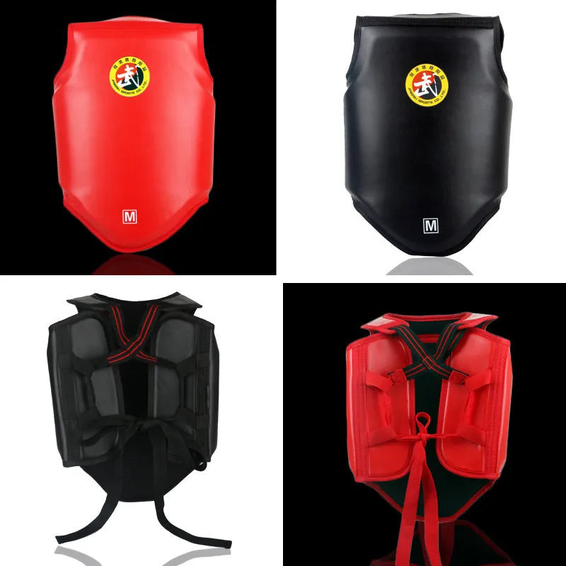 Red boxing helmet and matching one-piece chest protector on a sports background.