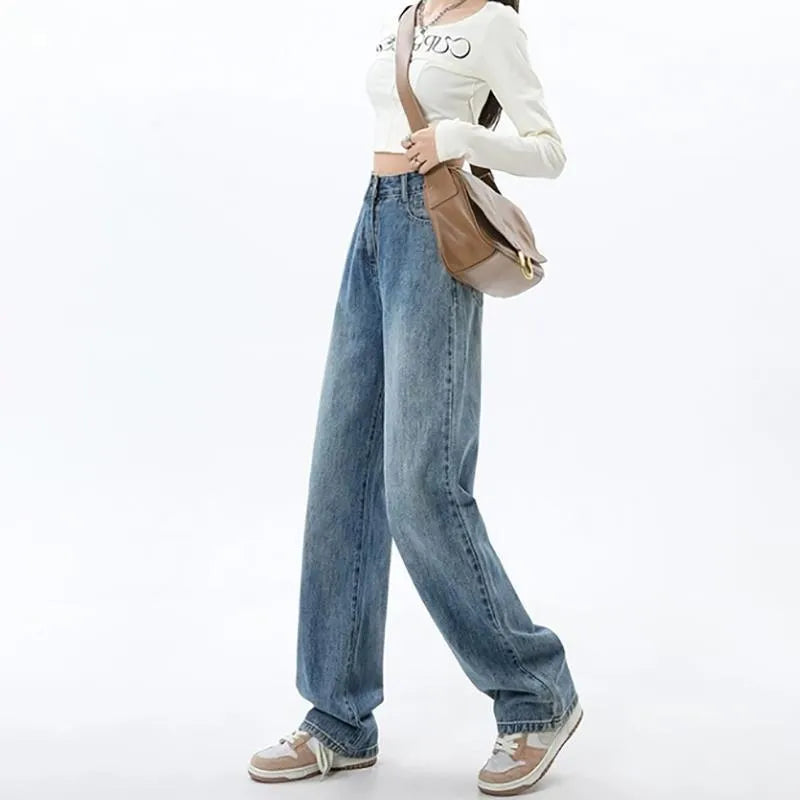 Women's retro blue wide leg jeans with high waist and straight leg design