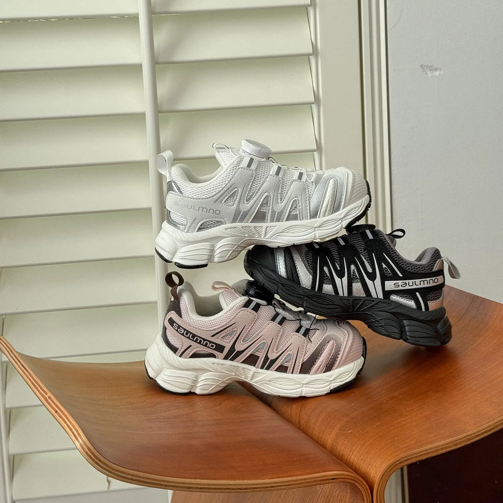 Girls' casual shoes with PU leather mesh uppers in black, beige, and pink colours