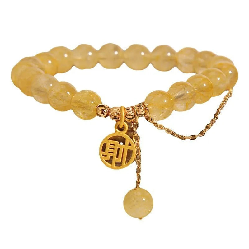 Adjustable natural citrine gemstone bracelet with selectable Chinese 'Cai' or 'Fu' character charm and tassel.