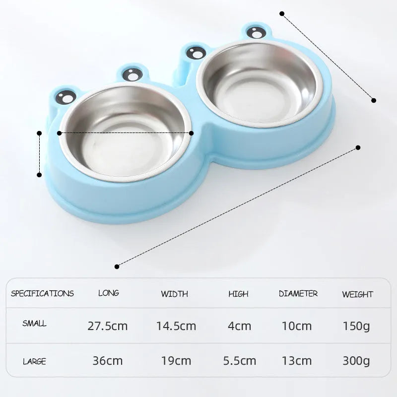 Pet double bowl feeding station with stainless steel frog bowl insert in blue, green, or pink colour options