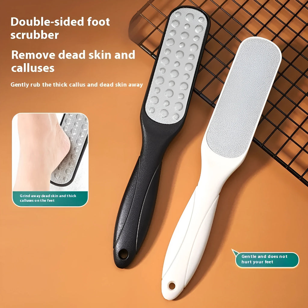 Stainless steel double-sided foot grinder for callus removal, shown in black and white colour options.