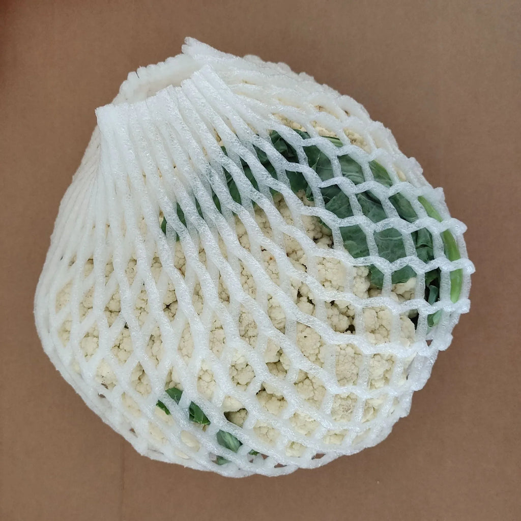 White foam fruit net cover shown in various sizes for protective wrapping.
