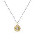 Women's sterling silver sunflower necklace with geometric petal pendant on a cross chain.