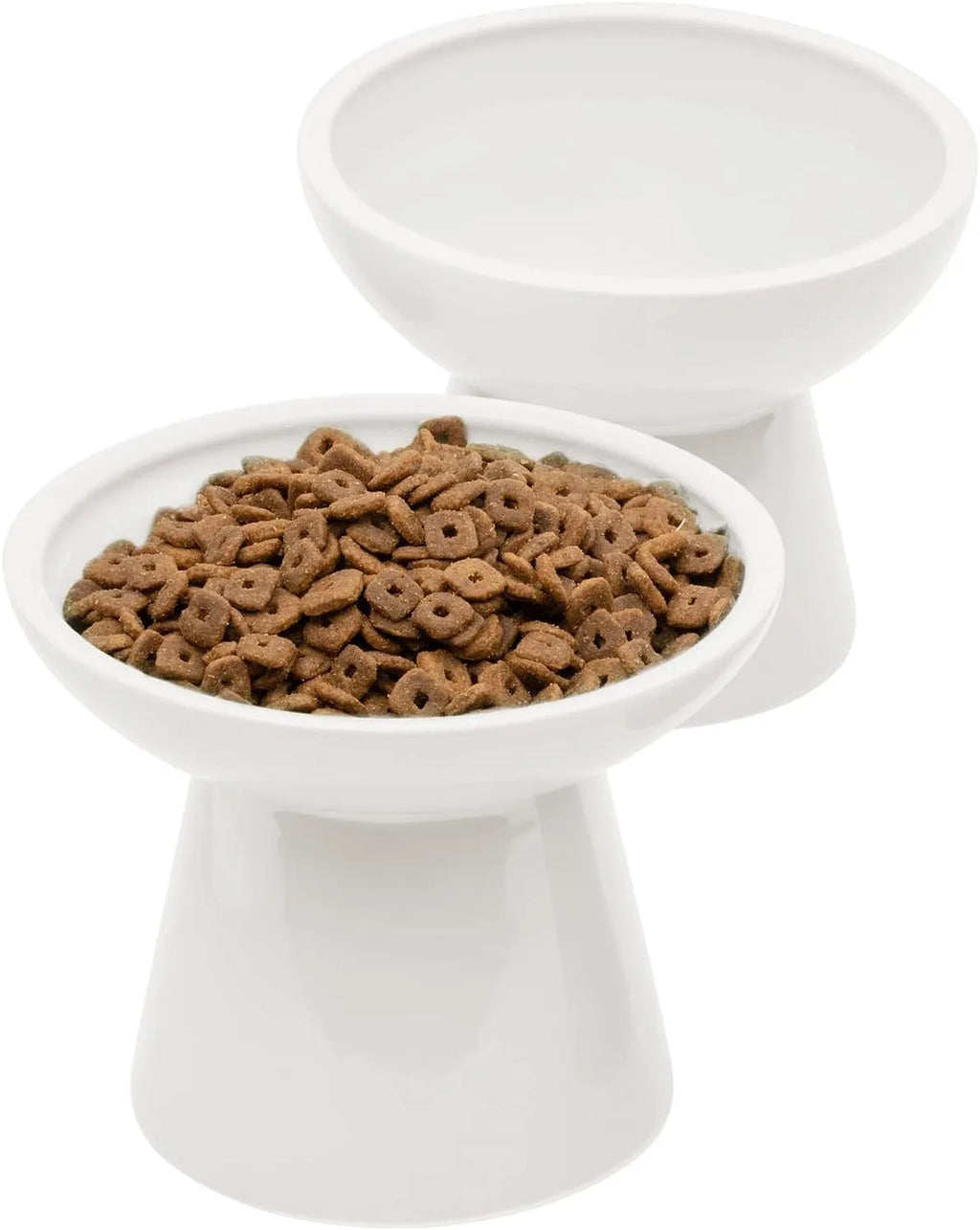 Ceramic elevated cat food bowl in blue showing wide shallow design and raised height