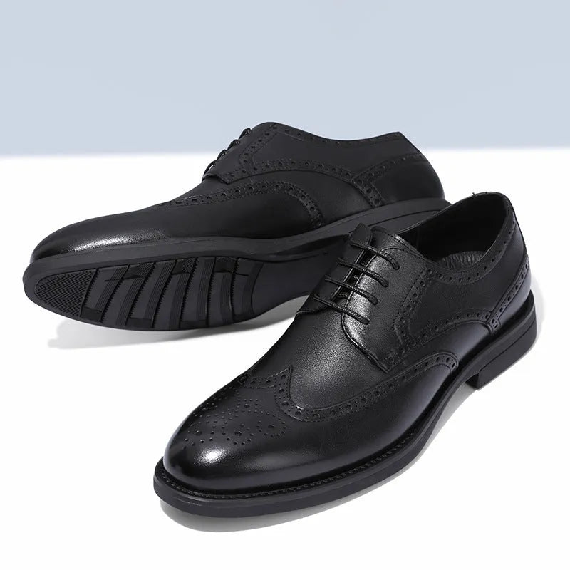 Men's black and brown brogue leather shoes with business styling and PU leather upper material