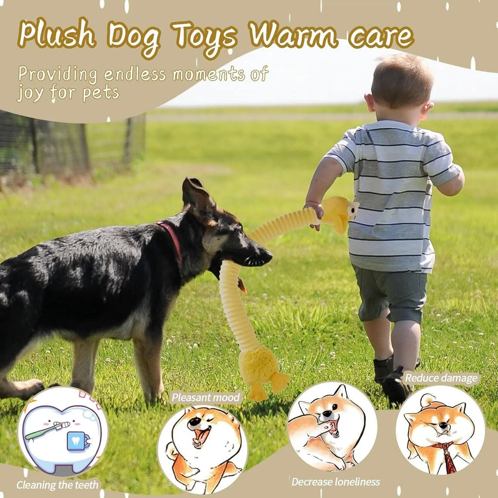 Brown, grey, and yellow plush dog toys with squeaker and crinkle features for teething and play