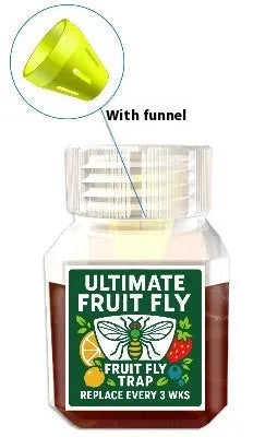 Clear plastic bottle of fruit fly trapper bait liquid with labelling showing specifications
