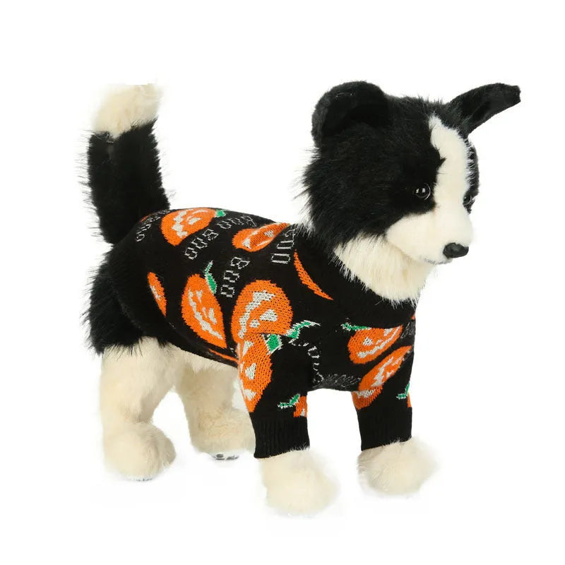 Black dog sweater with orange pumpkin print, shown on a dog for Halloween.