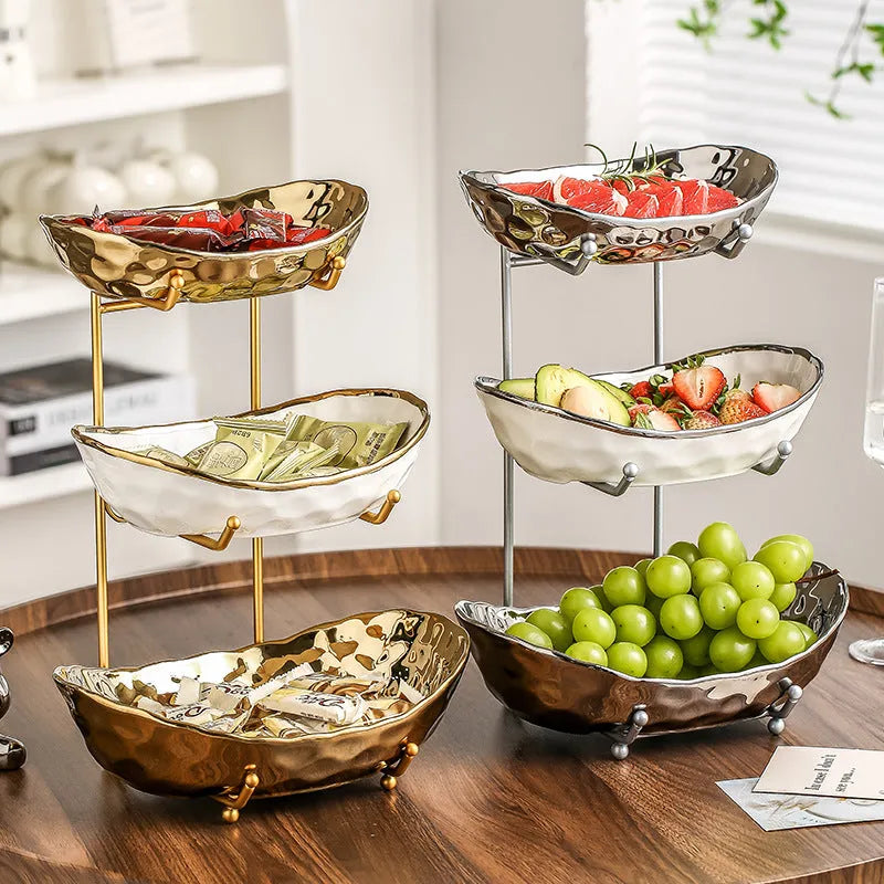Multi-layer light luxury ceramic fruit tray with gold electroplated stone texture finish