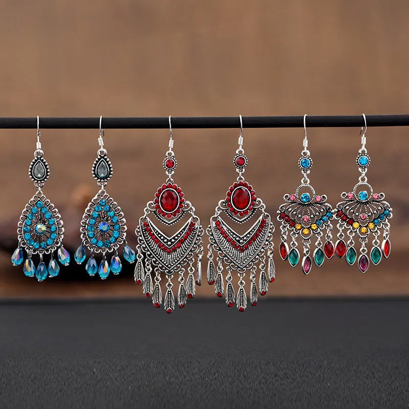 Purple retro crystal fringe drop earrings with ethnic style elements