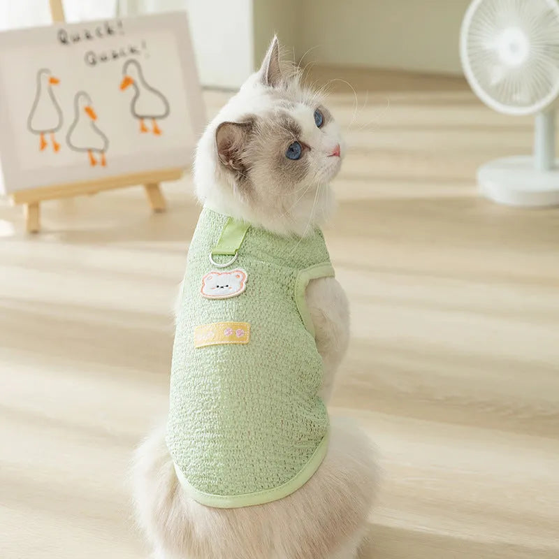 Hollowed-out cat clothing with bear patch in green, blue, or yellow colours