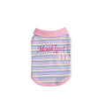 Pink purple vest for a small dog or cat, shown on a mannequin, with a size chart for pets 1.5kg to 14kg.