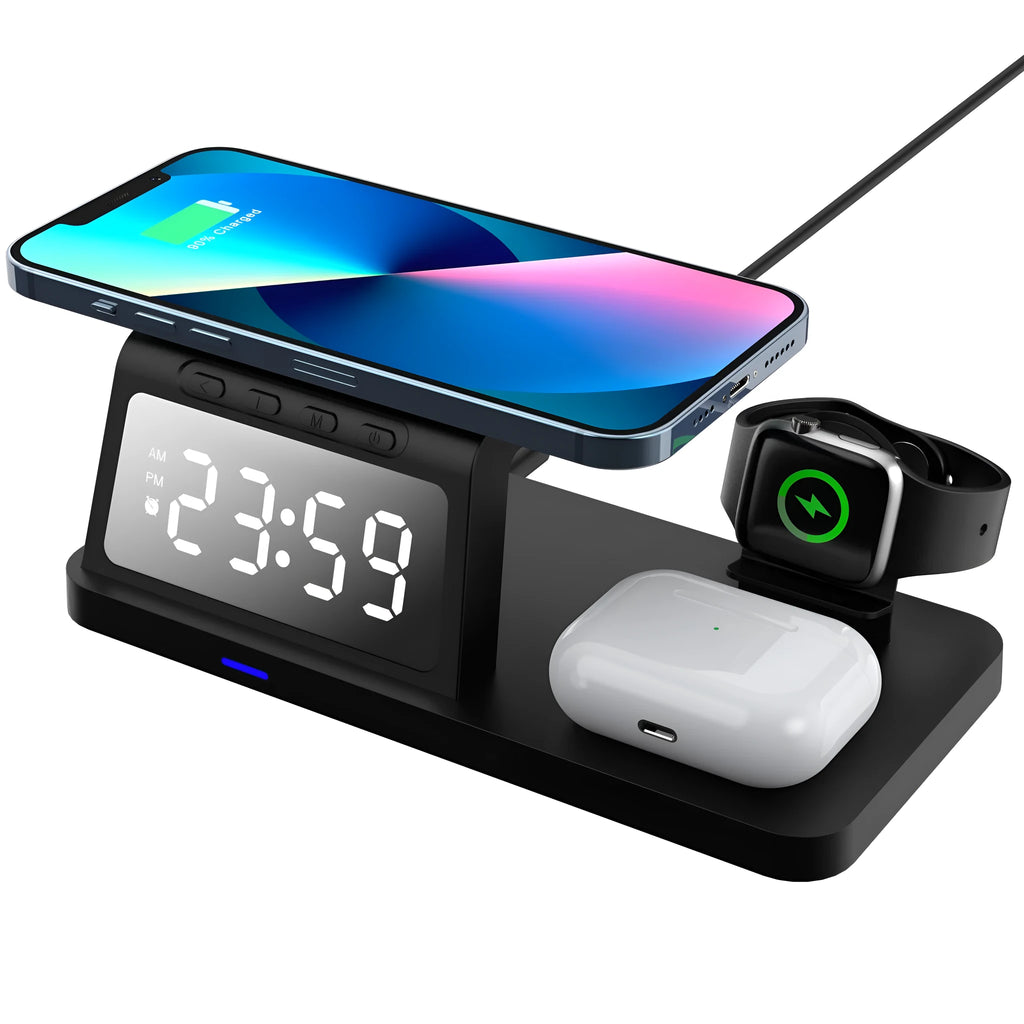 Four-in-one clock wireless charger 15W QC3.0 Type-C charging station in white