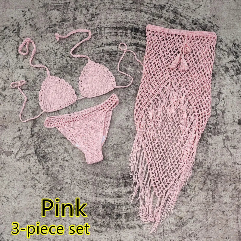 Women's 3-piece handmade crochet bikini set with nylon lining in solid colour options for beach and swimming.