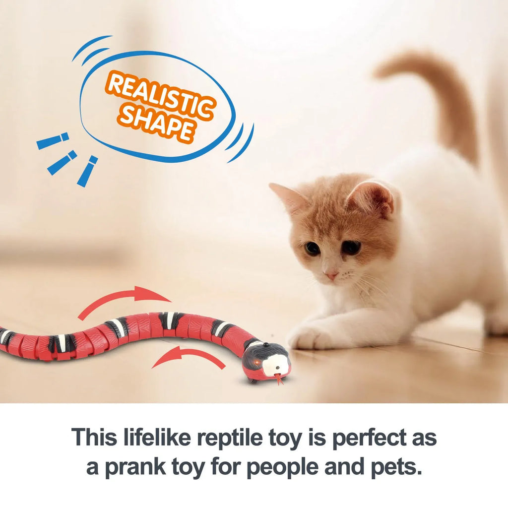 Smart sensing electronic snake cat toy with realistic cobra design on a floor