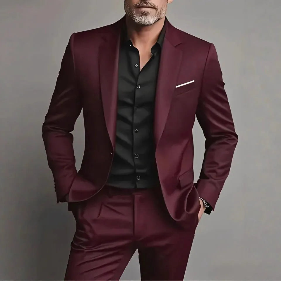 Men's slim fit cotton blend two-piece suit set in black with jacket and trousers on a hanger