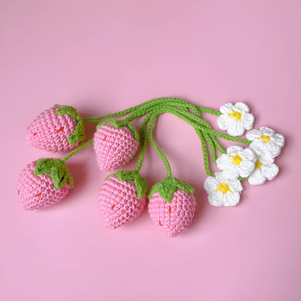 Red knitted wool crochet strawberry pendant with 35cm cord for accessory decoration