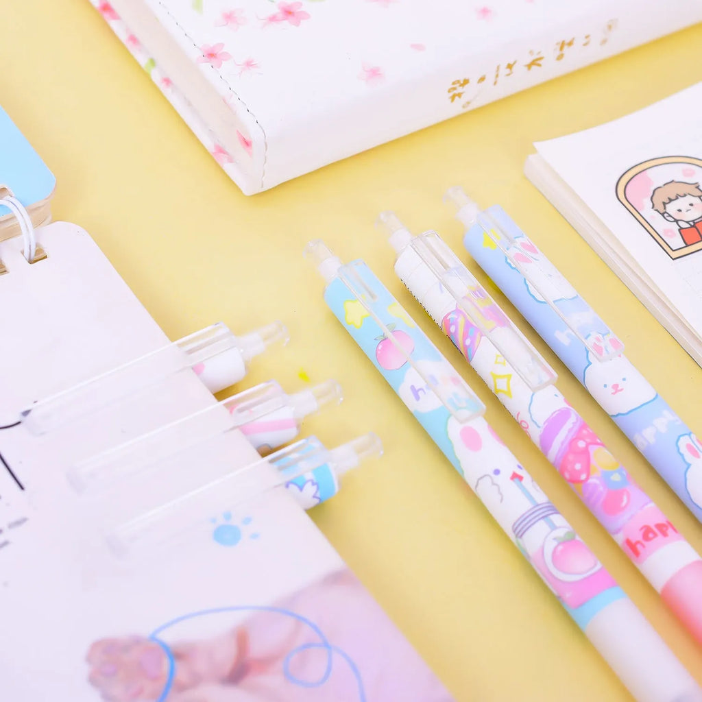 Cartoon bunny themed 0.5mm black ink pen set with six plastic shell pens for student stationery