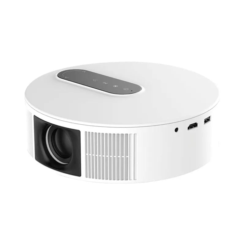 White HD home projector with remote control for bedroom cinema and smart home entertainment