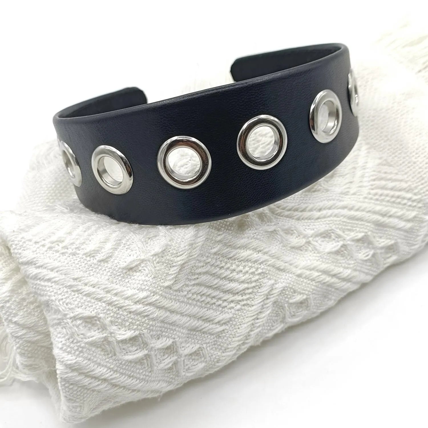 Black artificial leather wide headband with round, square, and dotted rivets for women punk style