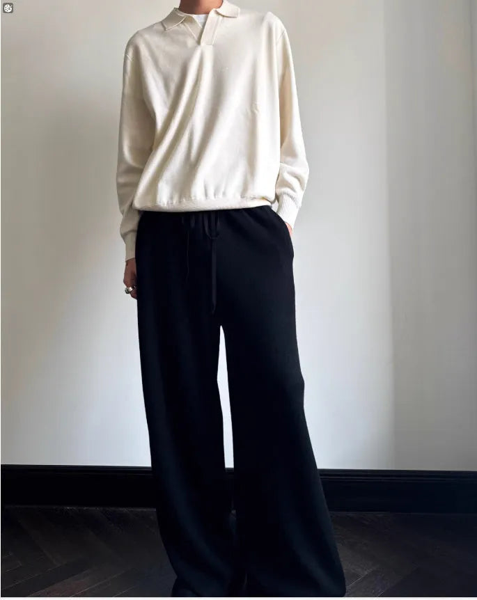 Men's pure wool polo sweater with lapel collar in milky white, loose fit casual knitwear