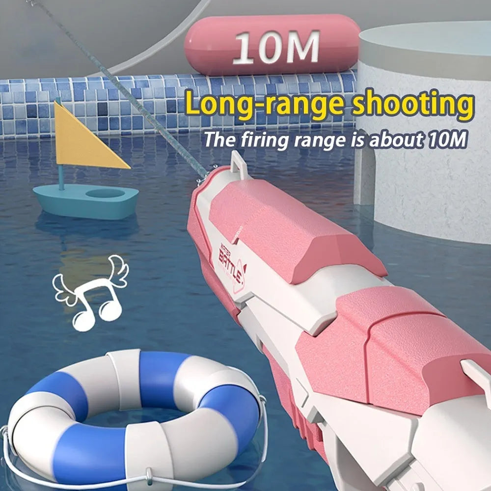 Blue electric water gun with USB charging port and trigger, showing water capacity measurement
