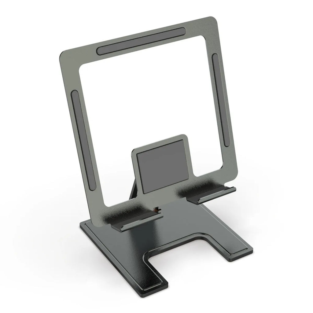 Flat black metal foldable notebook bracket with rotating base on a wooden desk