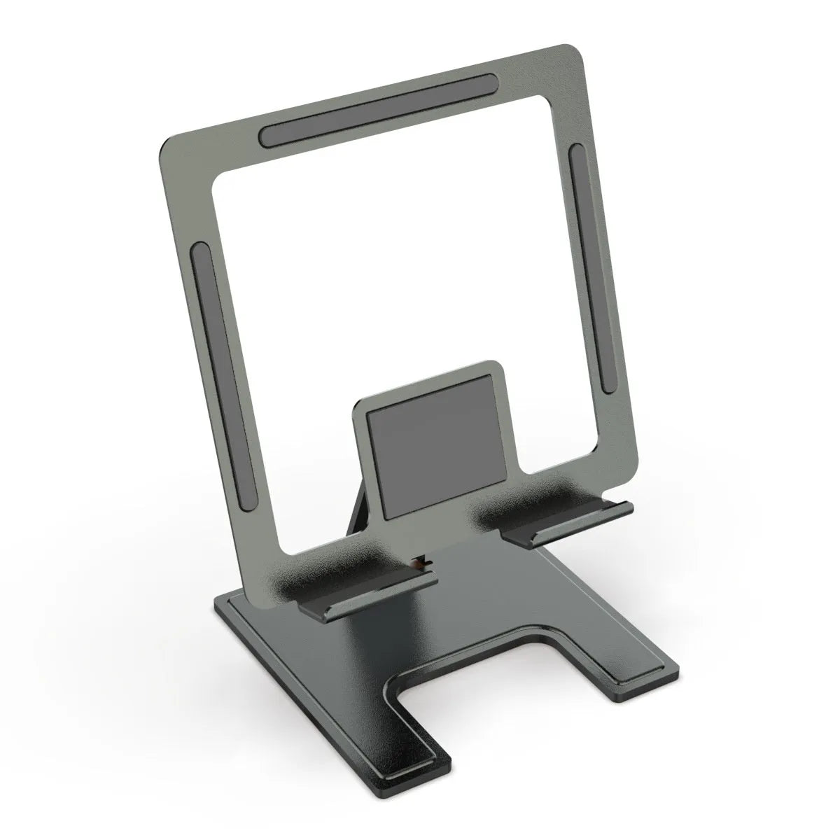 Flat black metal foldable notebook bracket with rotating base on a wooden desk
