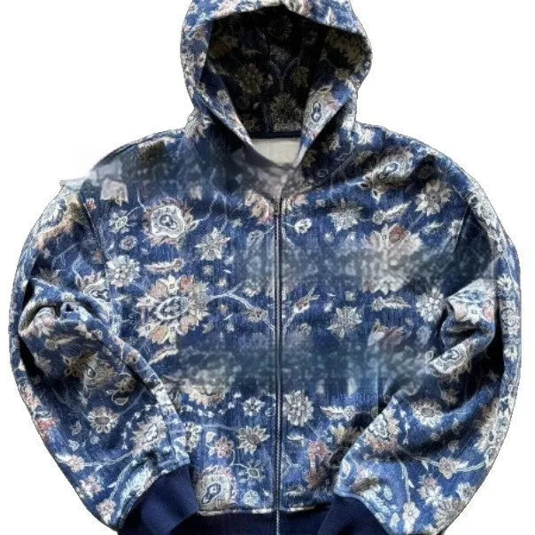 Men's blue loose fit hooded zip coat casual jacket for autumn wear