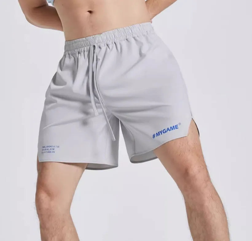Men's training fitness shorts in blue, black, grey, or white with moisture-wicking fabric.