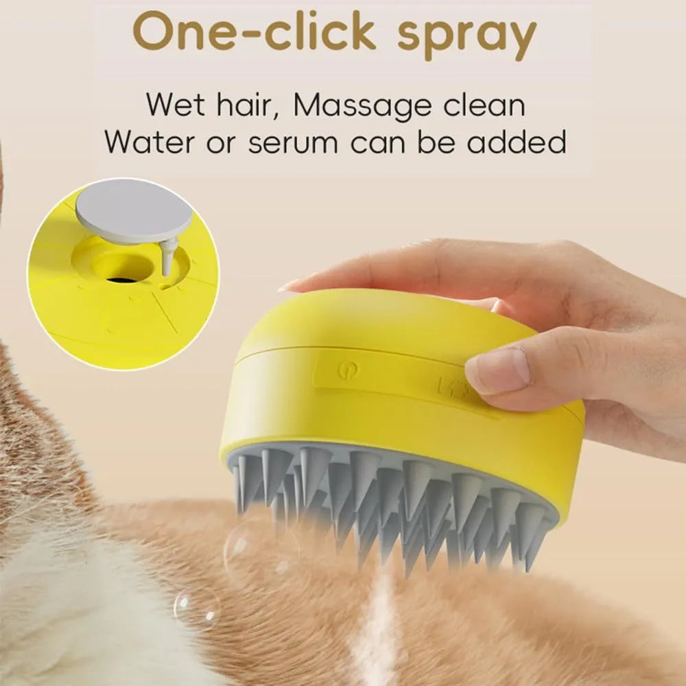 Green rechargeable cat steam brush with silicone bristles and ergonomic handle for pet grooming