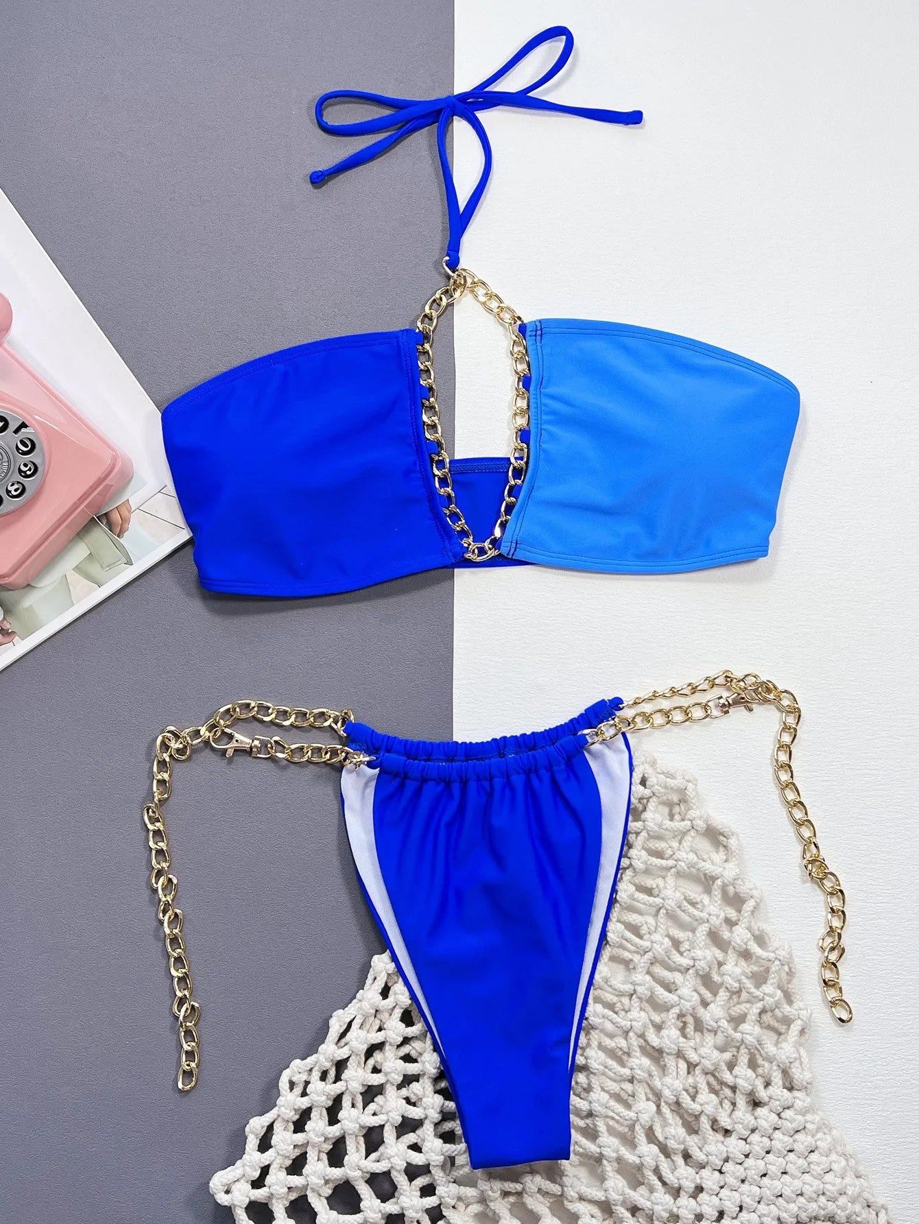 Blue solid colour women's nylon bikini swimsuit set with split style design