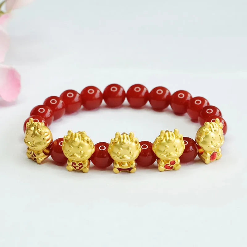 Red agate bracelet with Five Blessing Dragon carvings on 8mm beads