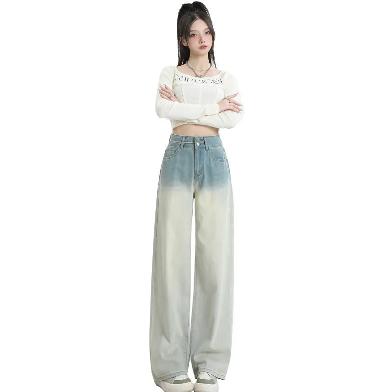 Gradient blue straight-leg wide-leg women's denim trousers laid flat