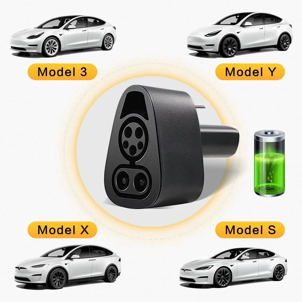 Black Tesla charging plug conversion adaptor with dustproof design and copper-silver pins