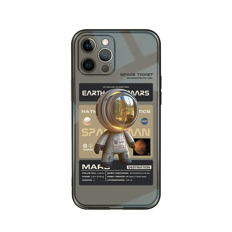 Black TPU anti-drop soft case for iPhone, showing front and back views with Mars Ticket graphic design.