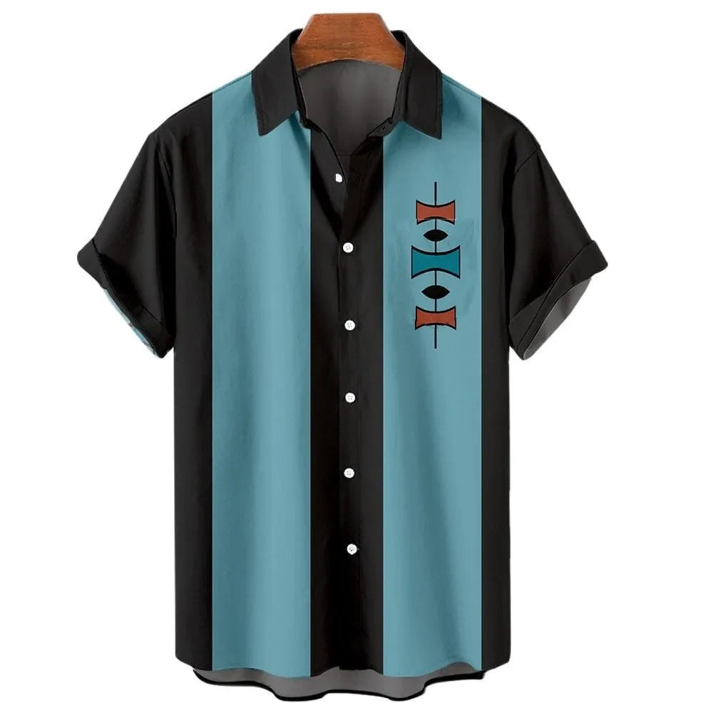 Men's striped Hawaiian short sleeve button-up shirt in a colour option, laid flat.