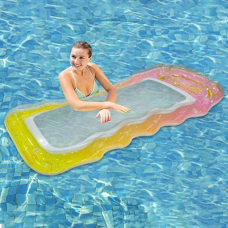 Inflatable floating row with wave sequin designs and canopy options in various colours