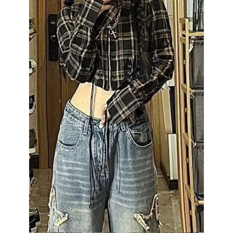 Blue high waist wide-leg women's jeans with straight-leg cut on cotton denim fabric