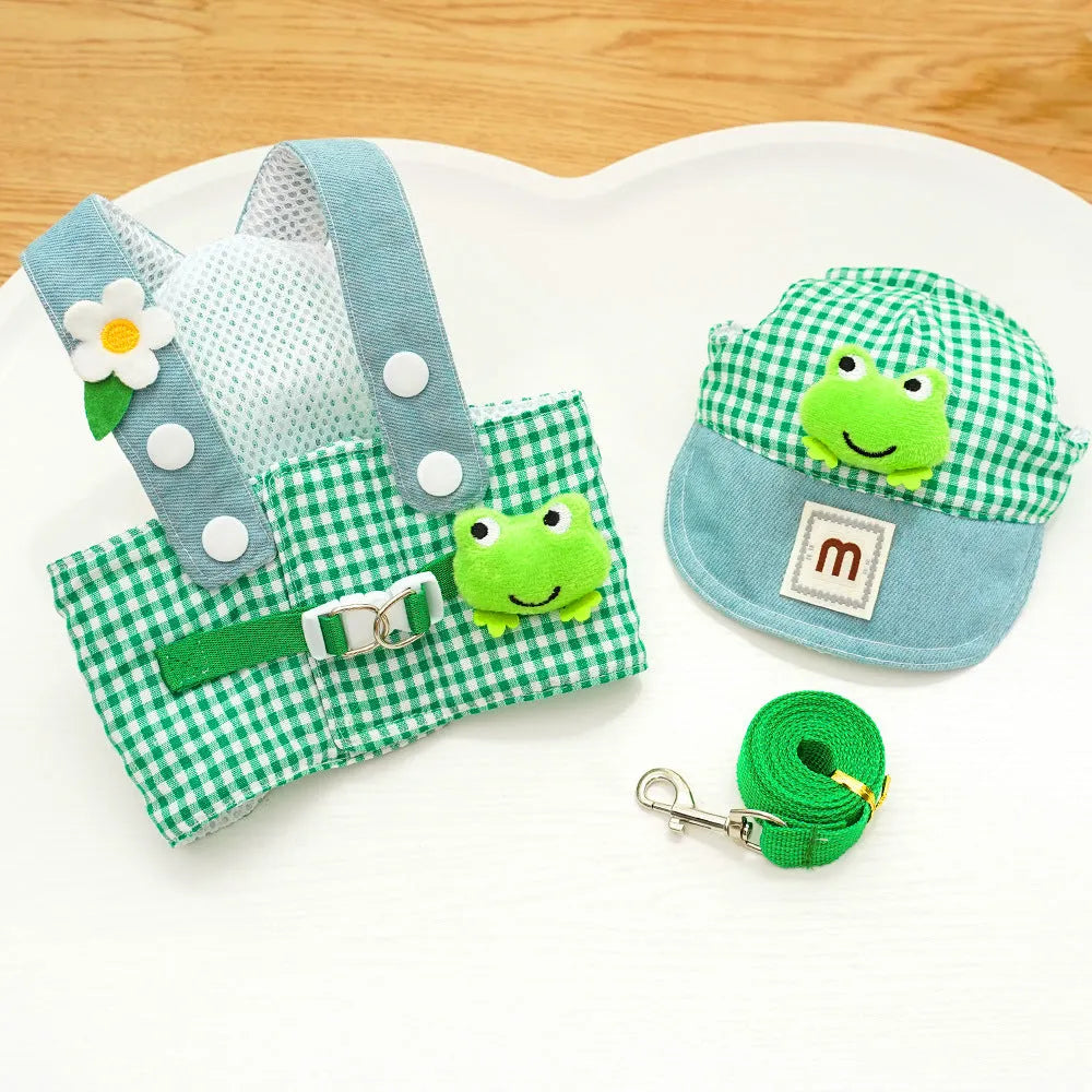 Frog cat harness and lead rope set in cotton, sized XS-XL, with frog green plaid and french fries red plaid options.