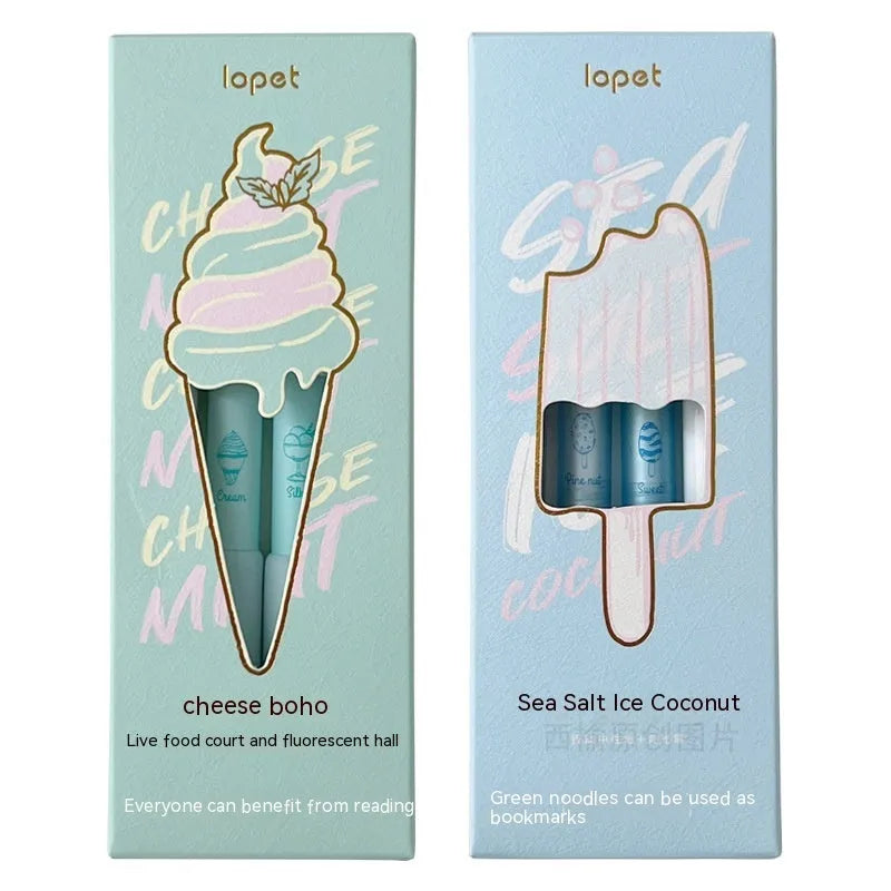 Double-headed fluorescent pen set with 0.5mm plastic heads in cheese mint and sea salt ice cup colours