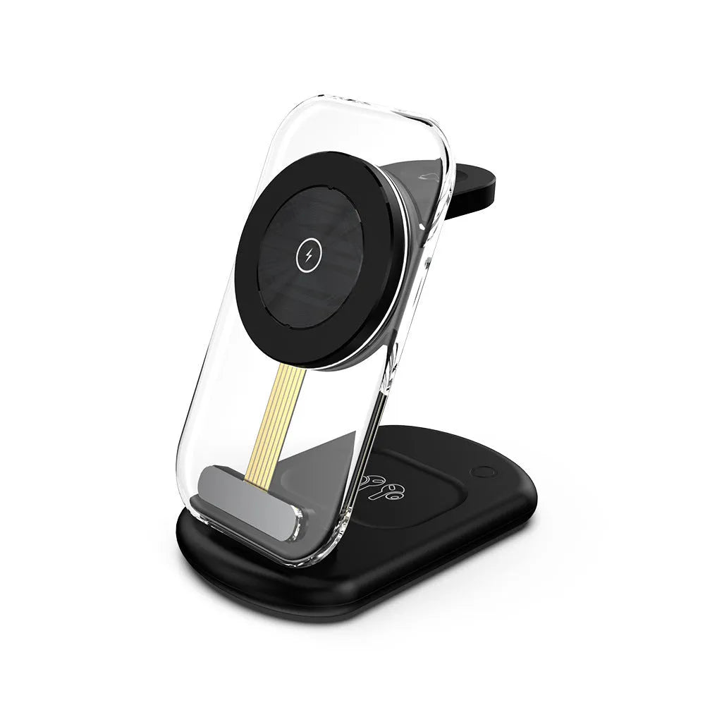 Transparent foldable magnetic wireless charger showing internal components with QC3.0 fast charging