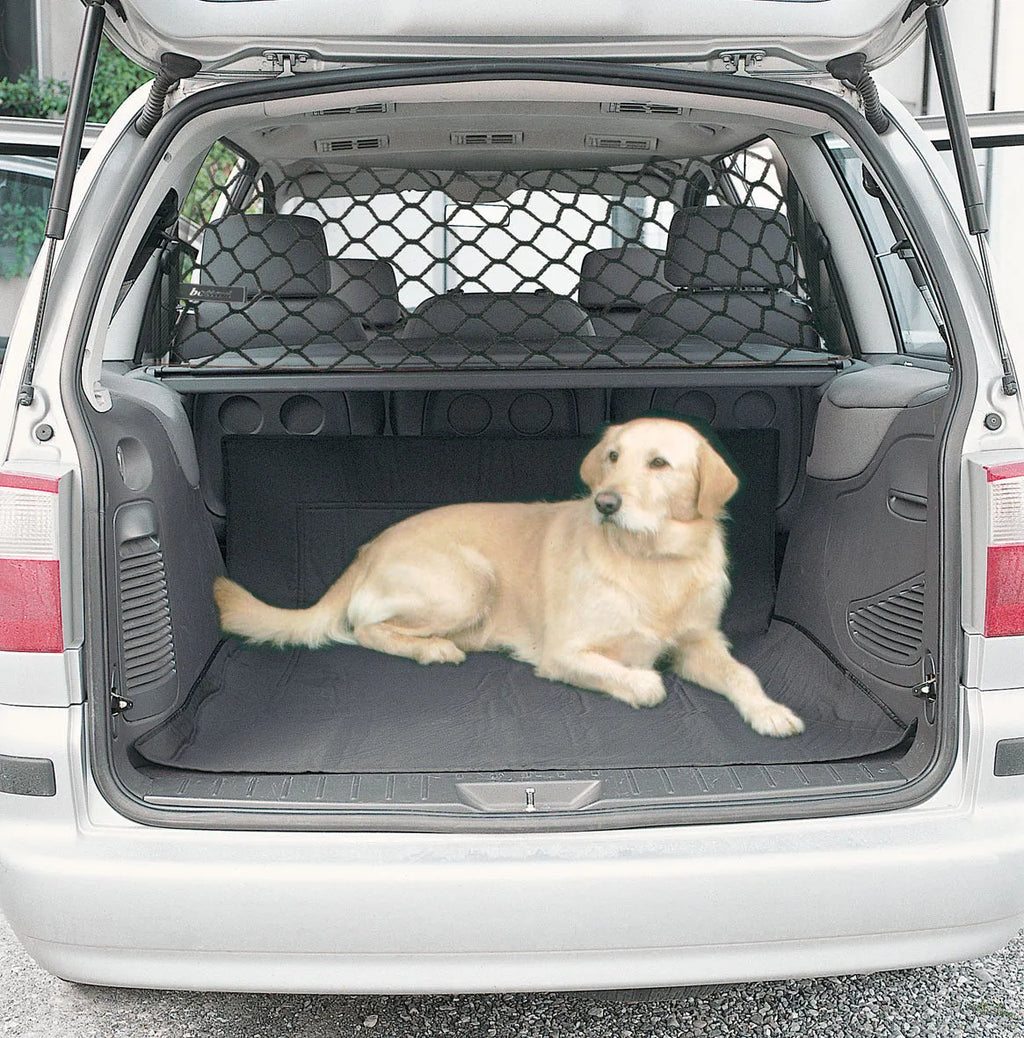 Black mesh dog protective net for car boot, 120cm by 70cm, on white background