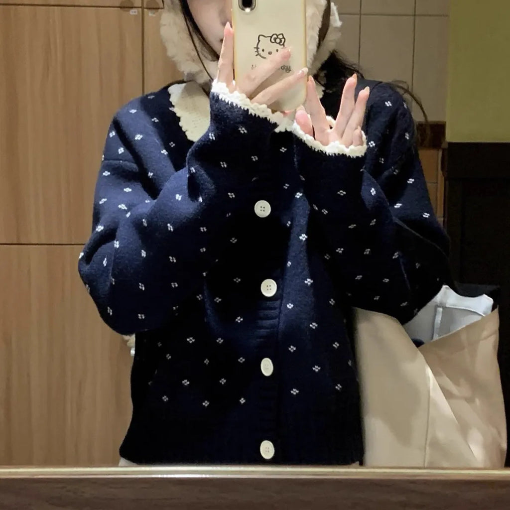Retro Peter Pan collar knitted cardigan coat with floral pattern in navy blue colour