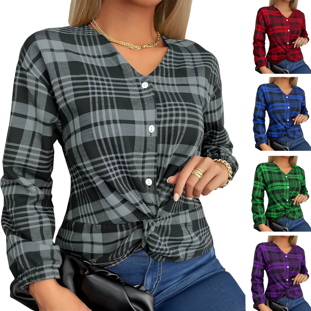 Women's loose-fitting plaid shirt in purple, available in sizes S to 3XL.