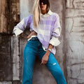 Lilac plaid print loose sweater with ribbed trim on cuffs and hem