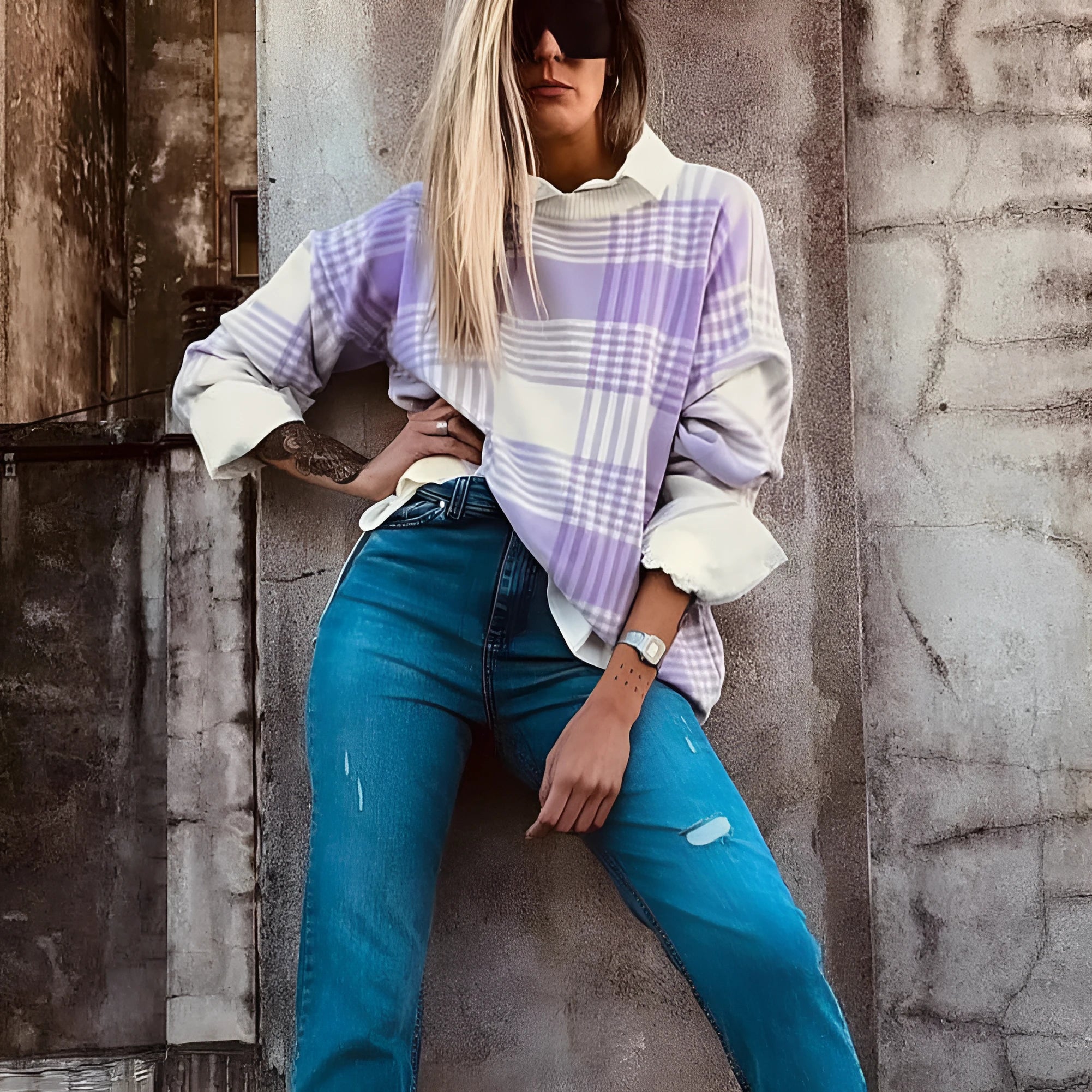 Lilac plaid print loose sweater with ribbed trim on cuffs and hem