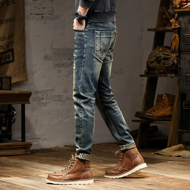 Men's retro colour skinny jeans with a zip fly, shown laid flat