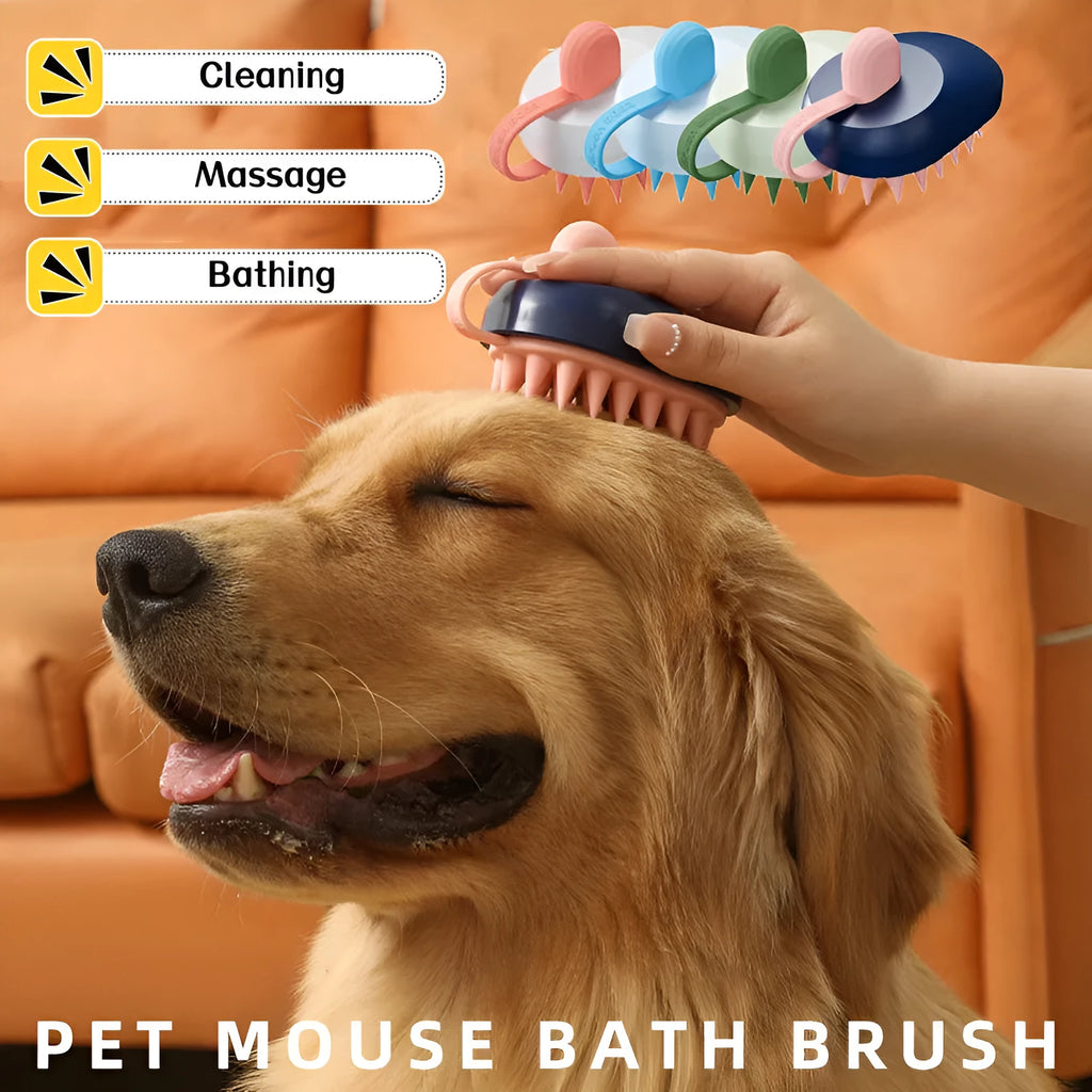 Handheld silicone pet grooming brush with TPR massage bristles in blue colour for dog and cat hair removal